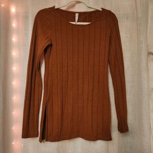 Anthropologie | Ribbed Knit Side Slit Long Sleeve Tunic Burnt Orange OB1620445